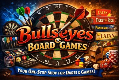 A vibrant board game and darts shop advertisement with colorful games and dartboards.