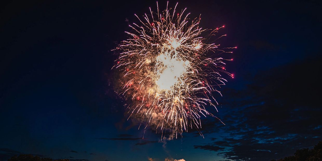 Bright fireworks exploding against a dark night sky.