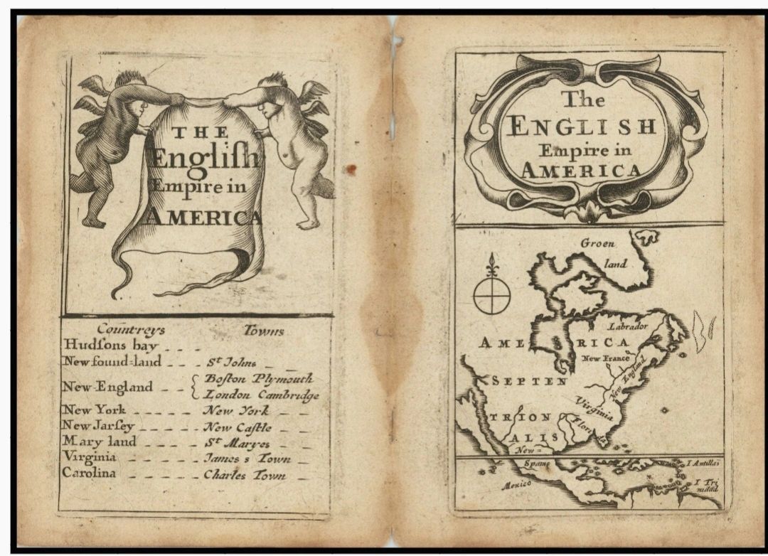 An old map depicting the English Empire in America with key towns listed.