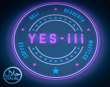 Neon sign for YES-iii offering coffee, deli, desserts, waffles, and halal options.