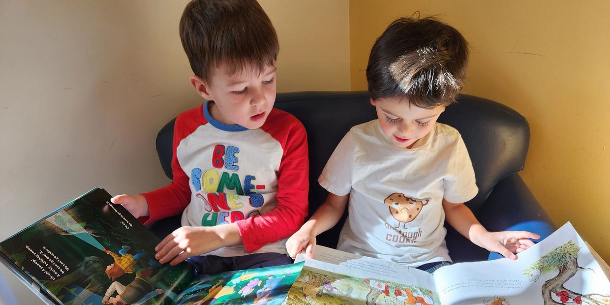 A photo of two young boys reading children's books