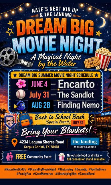 Dream Big Movie Night schedule with films and a special Back to School Bash event.