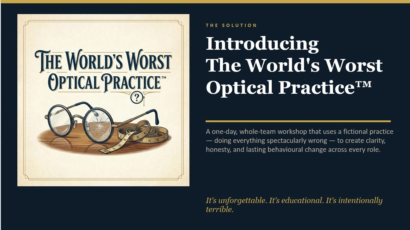 Introducing The World's Worst Optical Practice™, a workshop using intentional mistakes for clarity and behavioral change.
