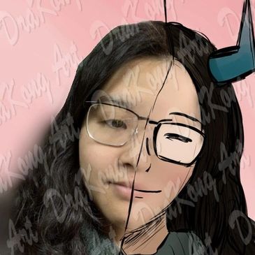 A portrait blending a real woman and her cartoon drawing against a pink background.