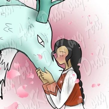 A girl gently kisses a dragon on the nose with falling pink petals.