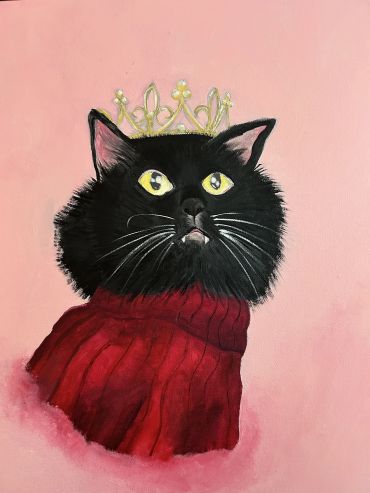 A regal black cat wearing a crown and red sweater against a pink background.