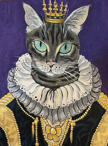 A regal cat wearing a crown and royal attire with a ruffled collar.
