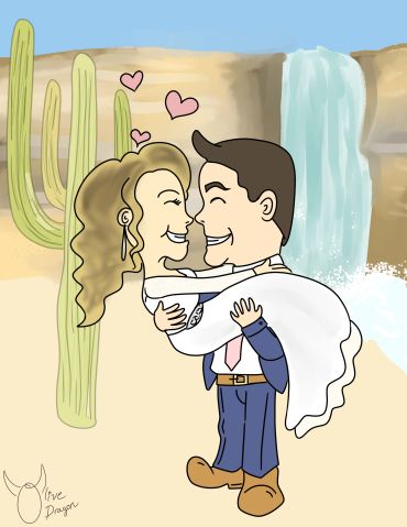 Cartoon couple in love with desert and waterfall backdrop.