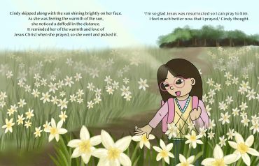 A girl enjoys picking flowers in a sunny field, feeling joyful and grateful.