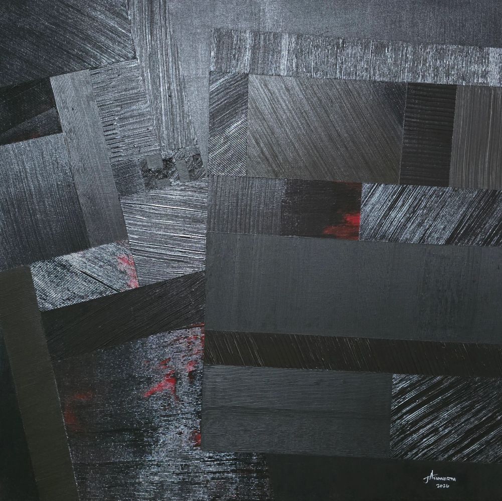 Layered planes in burnt umber & raw sienna amidst black, with crimson & cadmium red.