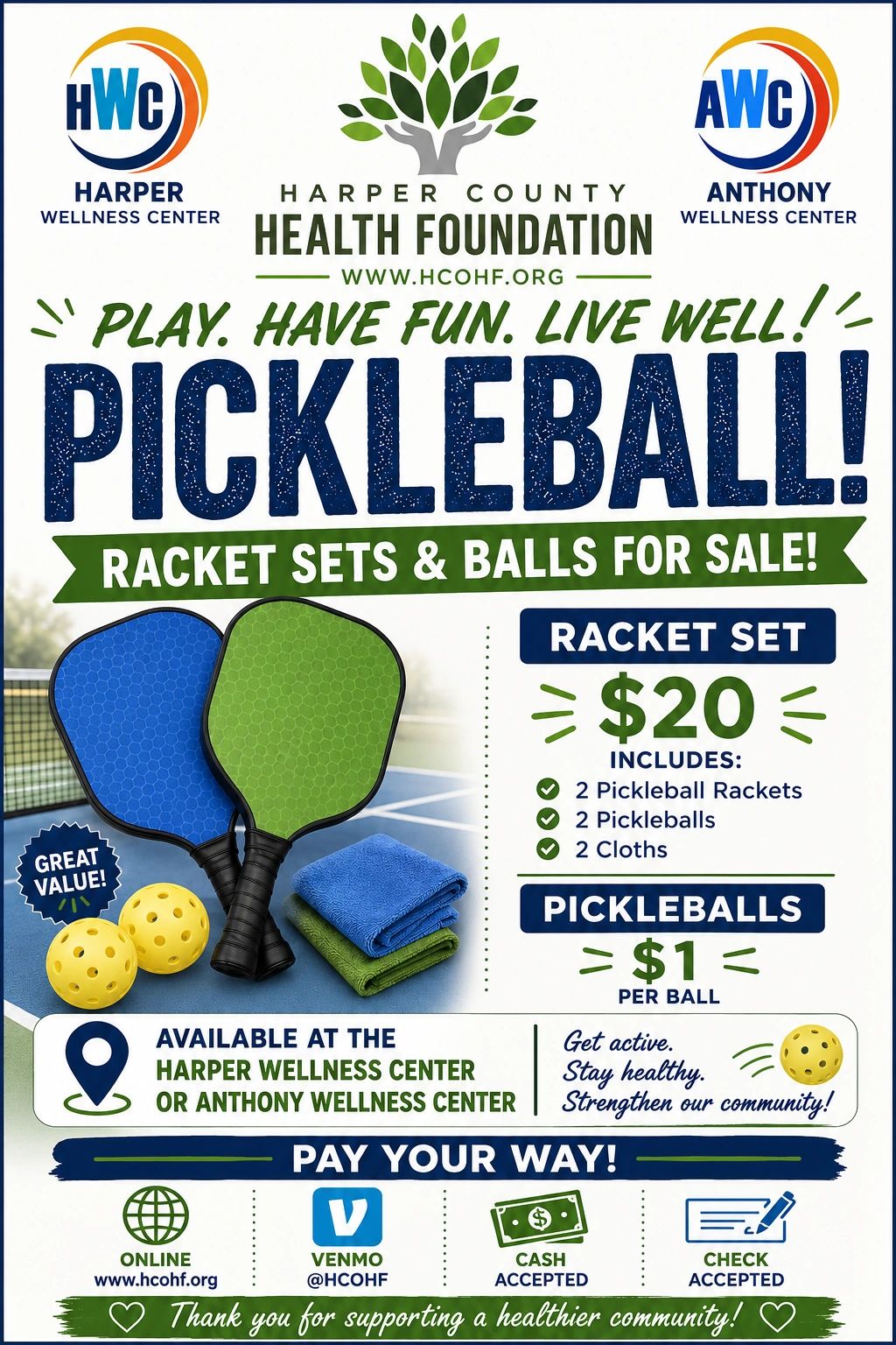 Pickleball racket sets and balls for sale at Harper and Anthony Wellness Centers.