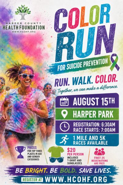 Color Run event for suicide prevention at Harper Park on August 15th.