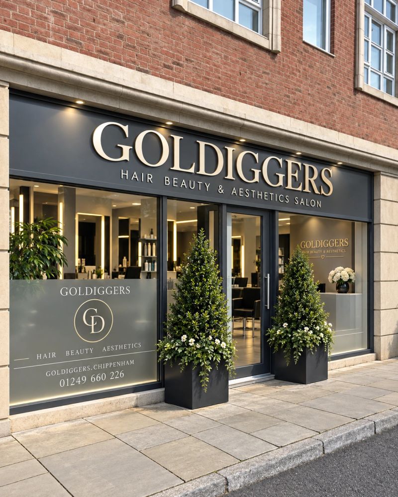 Exterior view of Goldiggers hair and beauty salon with plants.