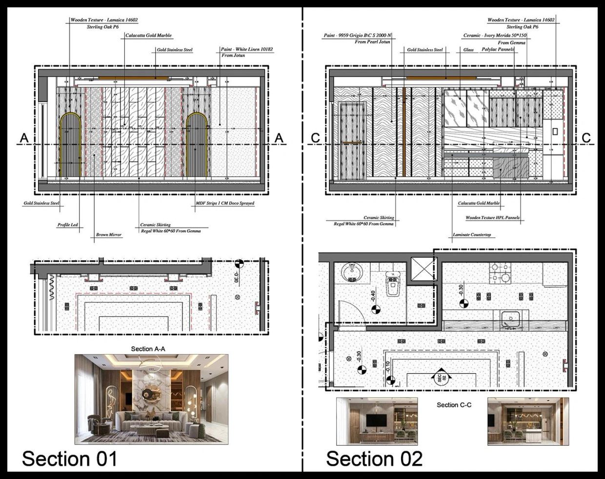 Architectural sections with detailed material labels and interior views.