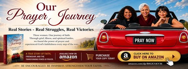 Banner promoting the book 'Our Prayer Journey' with three women in a car and purchase options on Amazon.