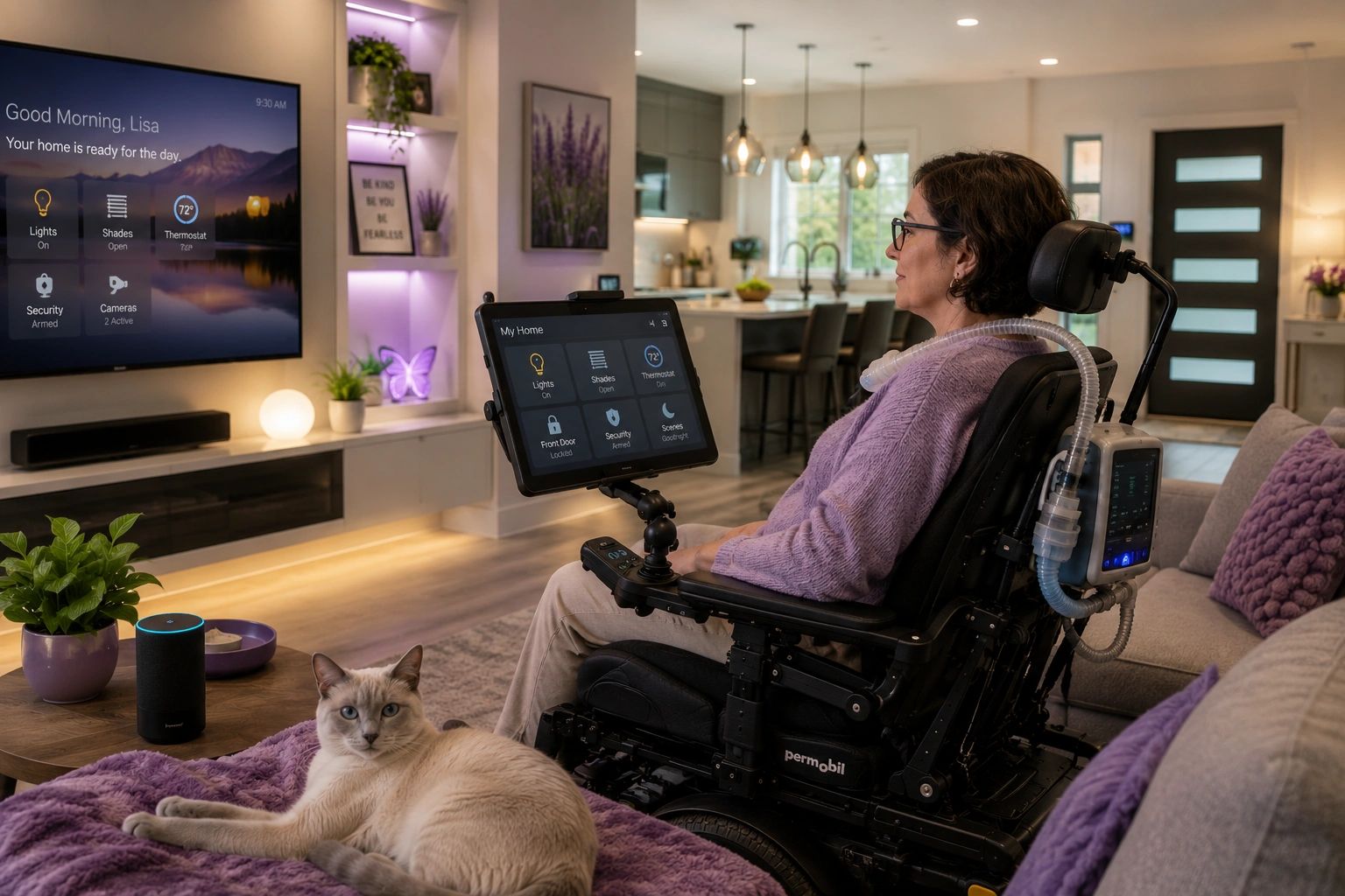 Middle-aged woman in purple shirt focused on her tablet, using it to control the TV.