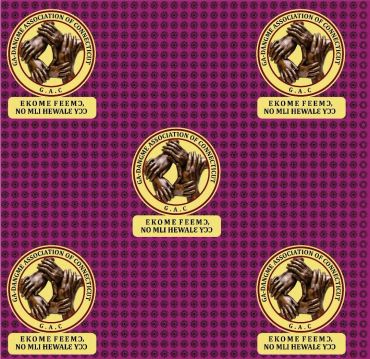 Pattern of logos featuring clasped hands and text on purple background.