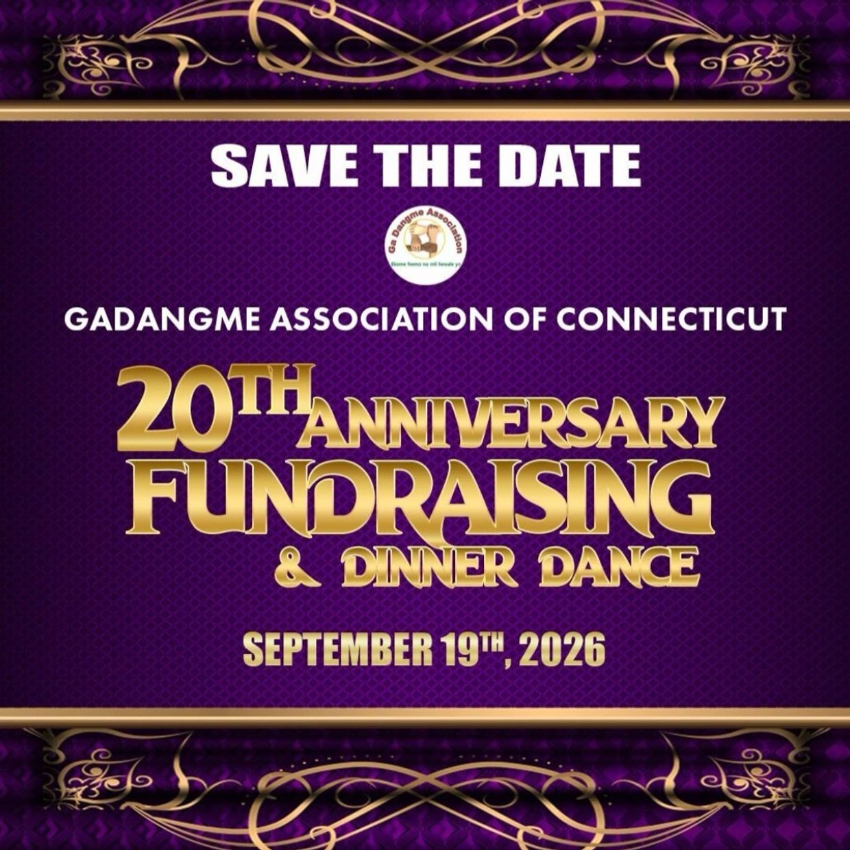 Save the date for Gadangme Association of Connecticut's 20th Anniversary Fundraising and Dinner Dance on September 19, 2026.
