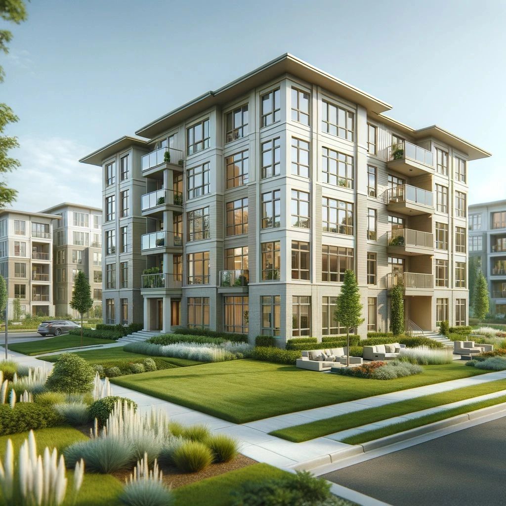 Modern apartment complex with balconies and lush landscaping under clear skies.