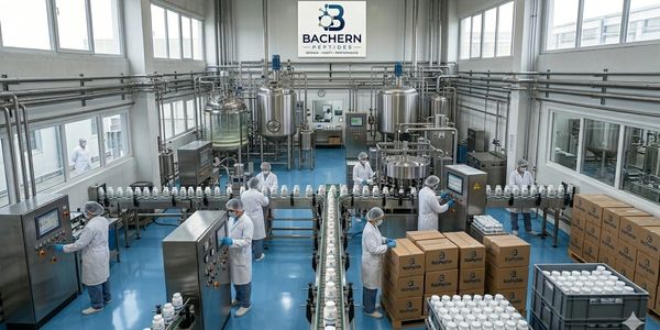 Workers in a clean manufacturing facility with bottles and packaging.