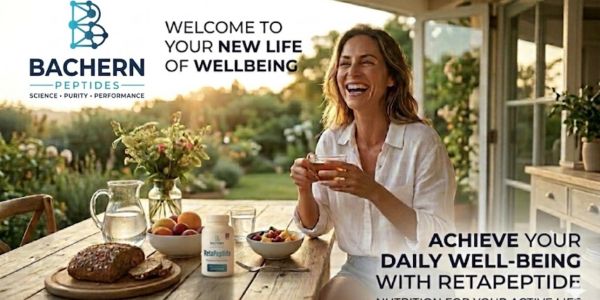 A happy woman enjoying tea and healthy food promoting Bachern Peptides for well-being.
