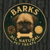 Logo of a dog with text promoting all natural pet treats called Barks.