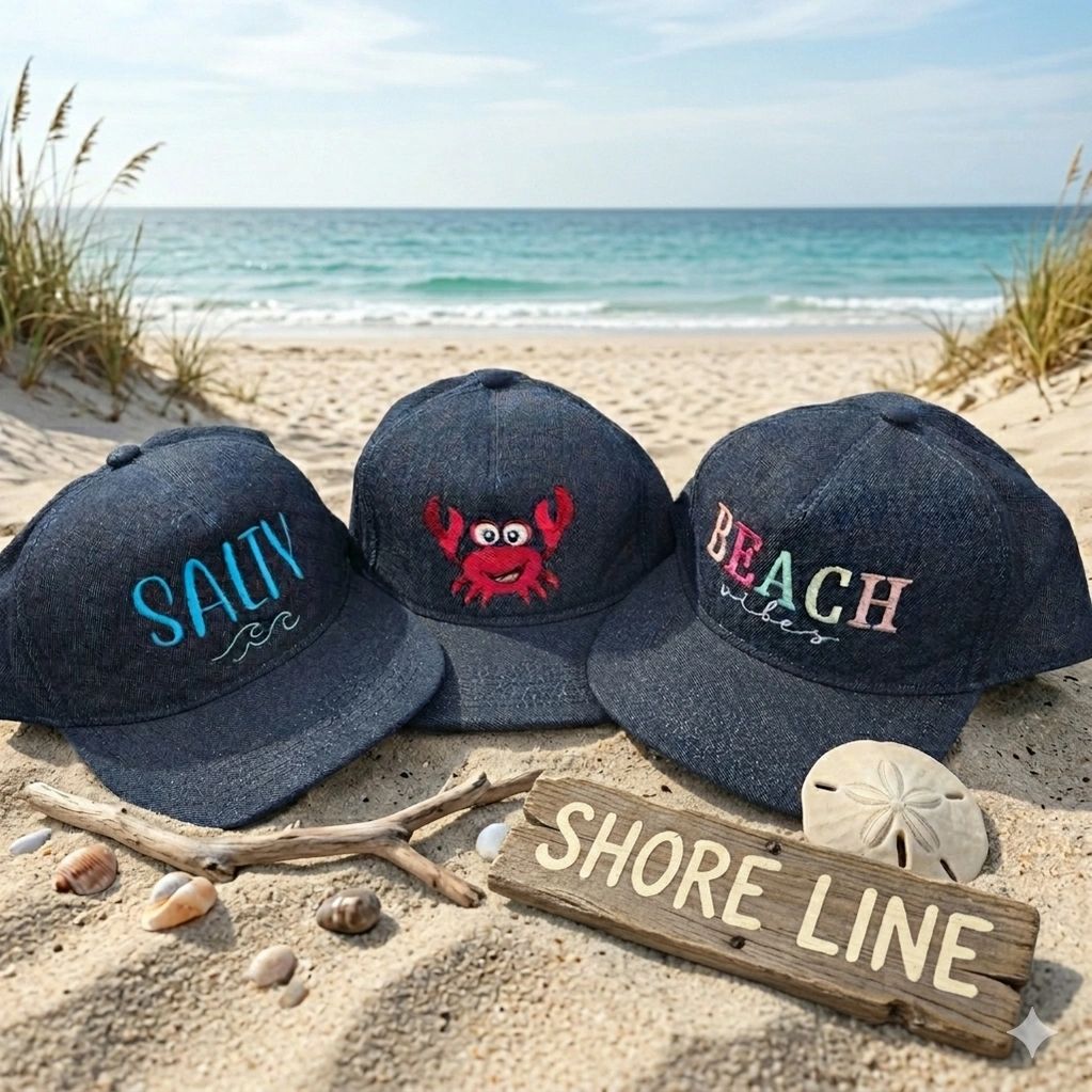 Denim caps with beach-themed embroidery on sandy shore with shells and driftwood.