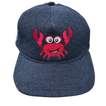Denim cap with a cheerful red crab embroidered on the front.