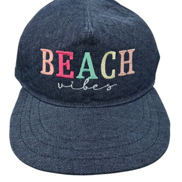 Denim cap with colorful "BEACH vibes" embroidery on front.