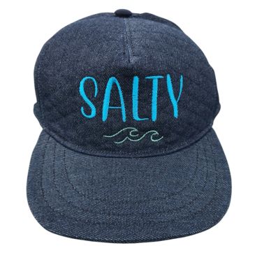 Denim cap with 'SALTY' and wave embroidery.