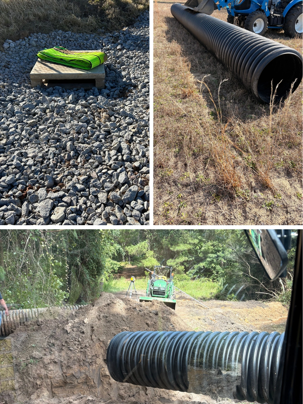Culvert pipe, Pond repair, Sylvania, GA, crush and run driveway, grading, land clearing, Drainage.