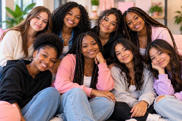 Group of smiling young women sitting together.