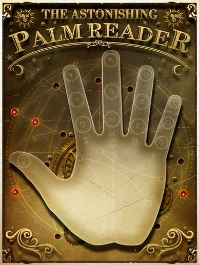 Vintage-style poster depicting a palm with zodiac symbols for palm reading.