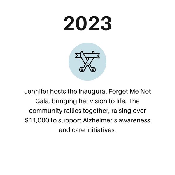 Jennifer hosts inaugural Forget Me Not Gala, raising $11,000 for Alzheimer’s awareness.