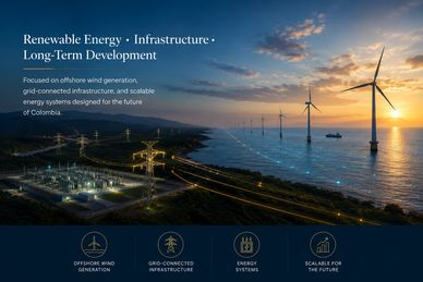 Wind turbines and power infrastructure at sunset, showcasing renewable energy progress in Colombia.
