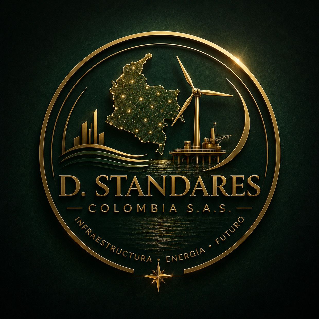 Gold emblem of D. Standares Colombia S.A.S. featuring energy and infrastructure symbols.