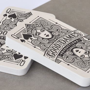 Deck of intricate black and white playing cards with 'Good Bames' branding.