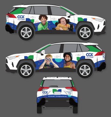 Vehicle wrap design featuring happy children and CCX branding.