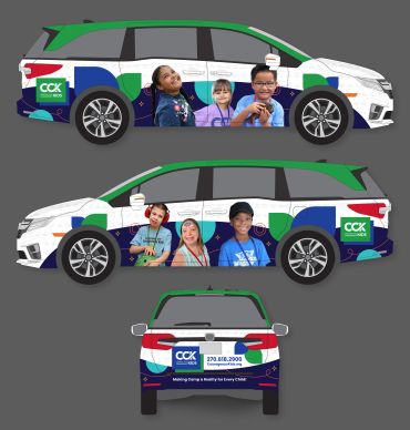 Vehicle wrap design featuring children and CCX branding in blue, green, and white.