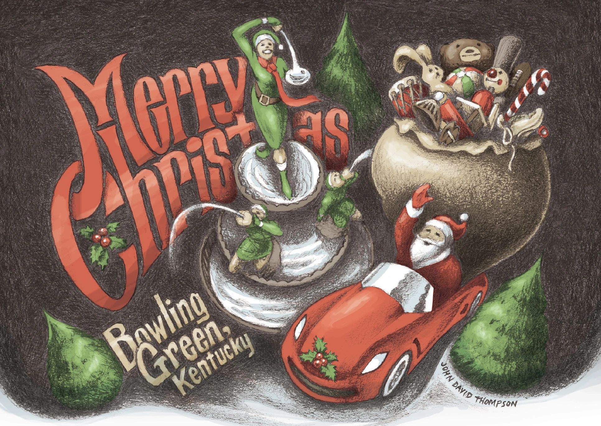 Festive Christmas illustration with Santa, elves, and holiday toys in Bowling Green, Kentucky.