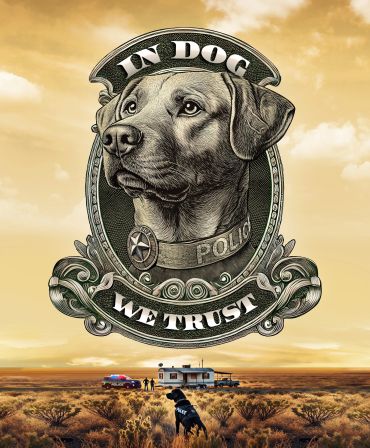 A dog badge with 'In Dog We Trust' above a rural scene with a police dog.