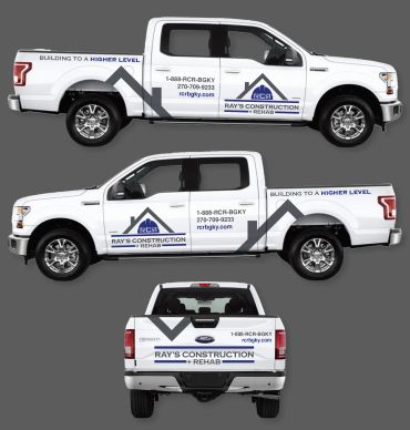 Three views of a white pickup truck with Ray's Construction Rehab branding and contact details.