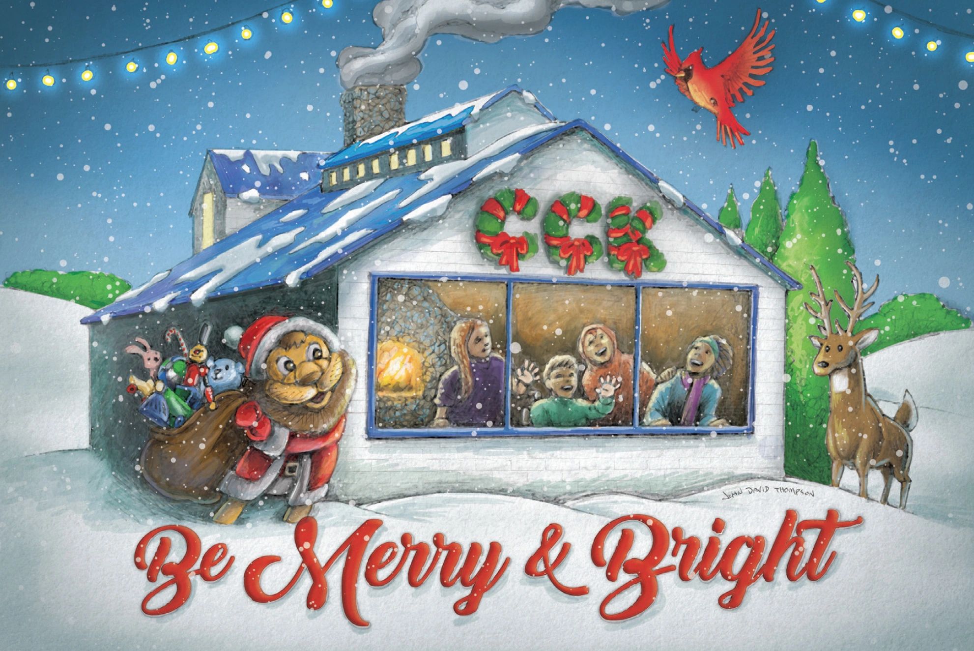Festive winter scene with a lion in Santa outfit delivering toys to a cozy home.