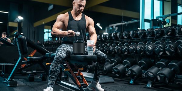 A bodybuilder with large muscles surrounded by weights and benches, preparing a protein powder drink