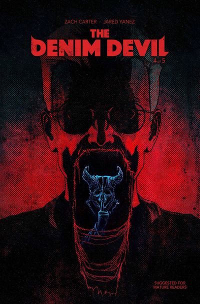 Cover for The Denim Devil #4 by Zach Carter and Jared Yanez, featuring illustration of a blonde man 