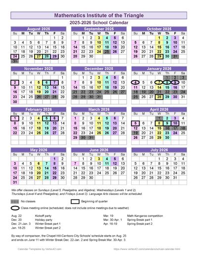 2025-2026 school calendar for Mathematics Institute of the Triangle.