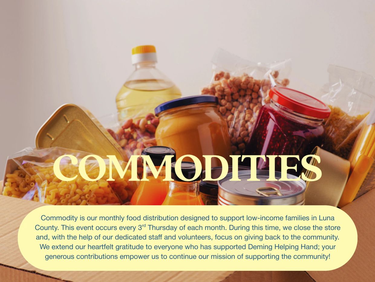 Box of assorted food commodities for community support.