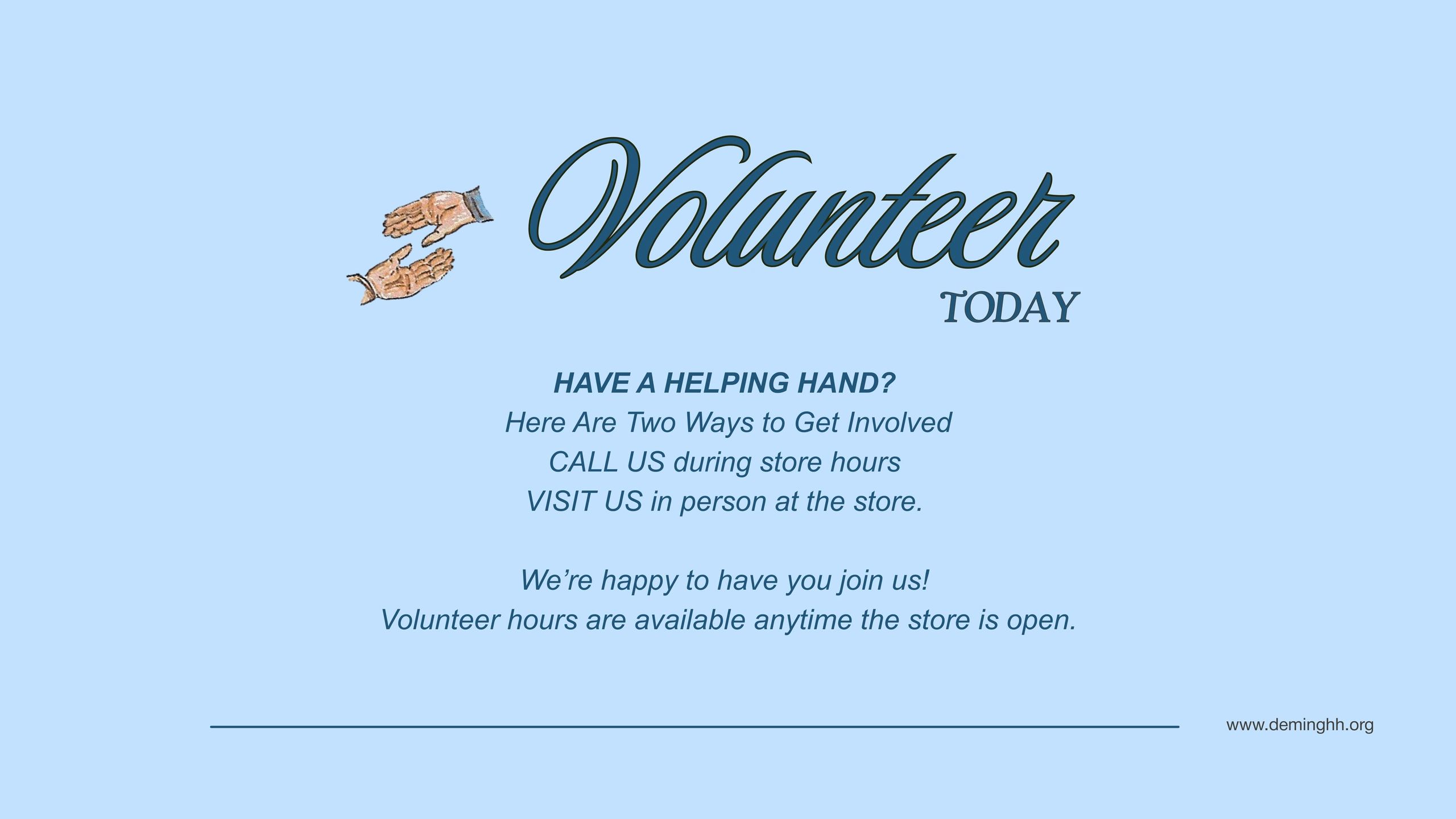 Invitation to volunteer with contact details and flexible hours.