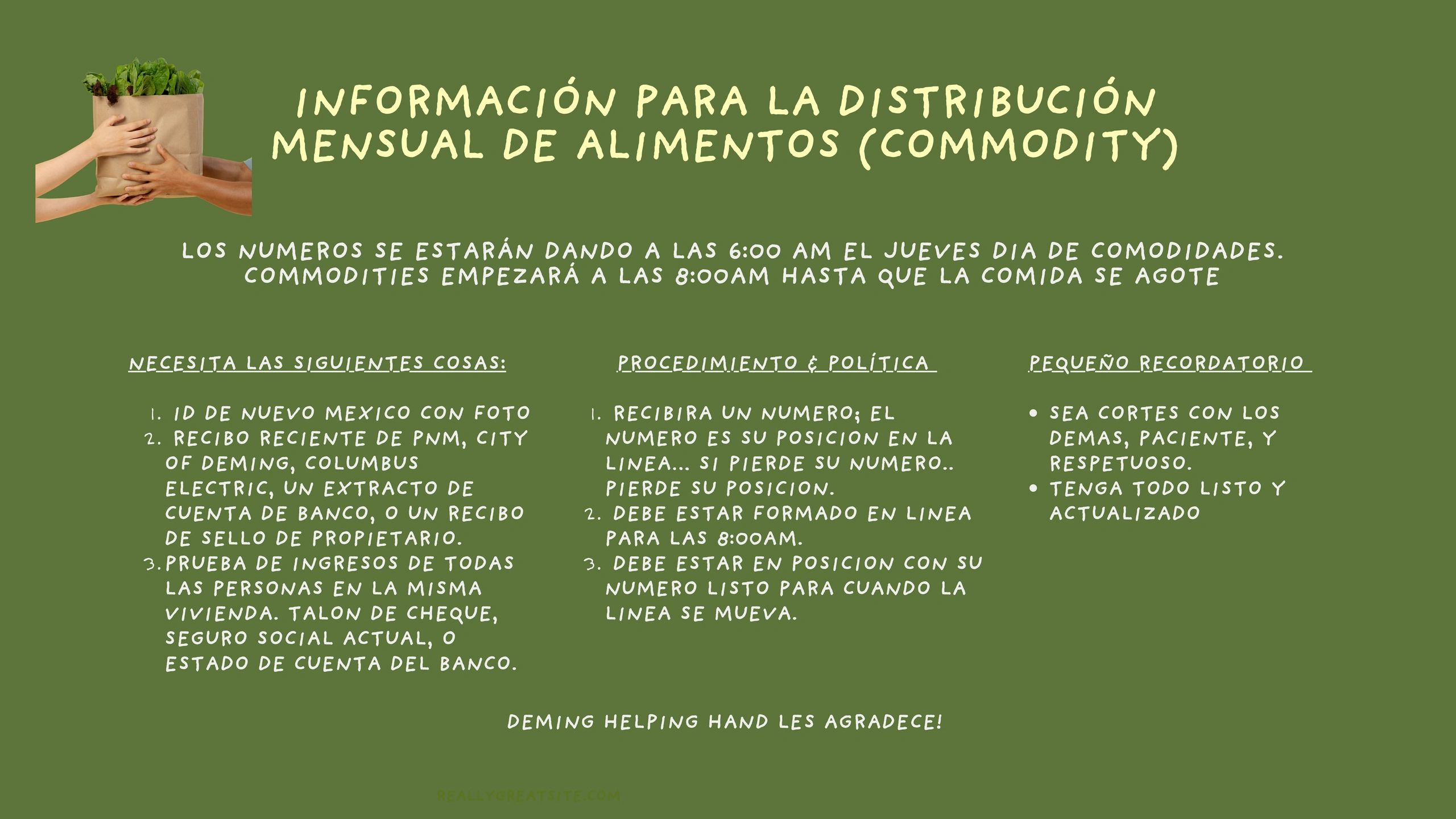 Information for monthly food distribution with requirements and procedures in Spanish.