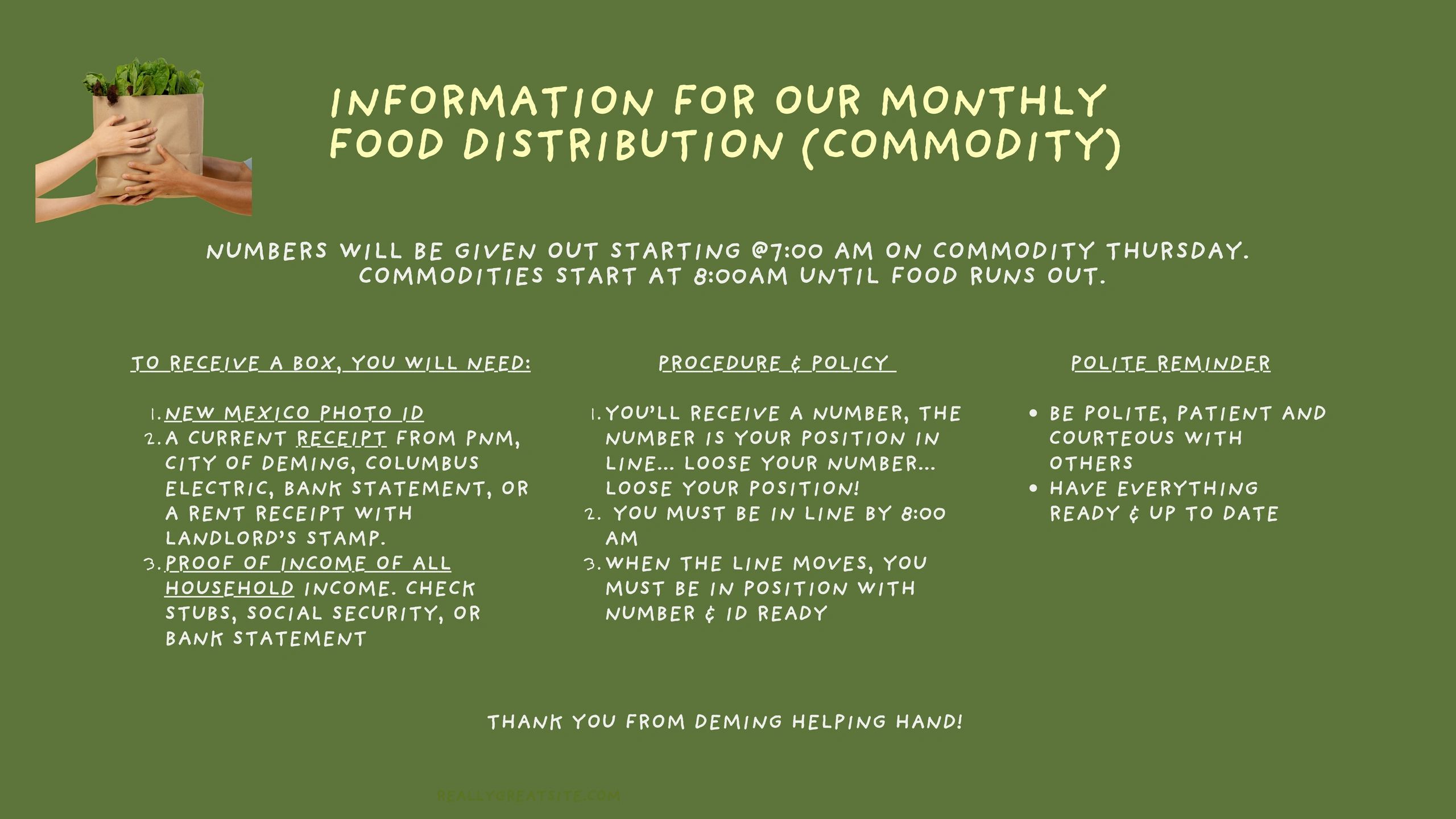 Information about monthly food distribution with requirements and policies.